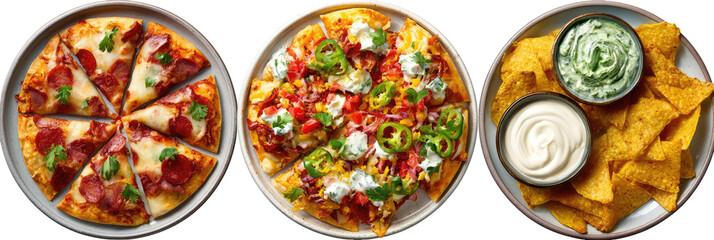Pepperoni pizza slices and cheesy nachos with dip sauces on transparent background

