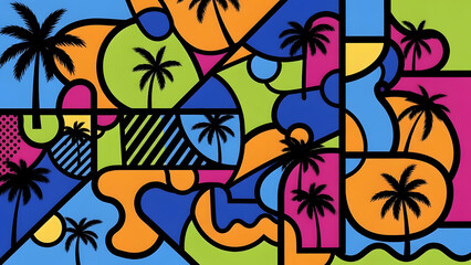 Angular non-objective motif featuring tropical coconut plant and fluid silhouette vector graphic vintage creation energetic aesthetic