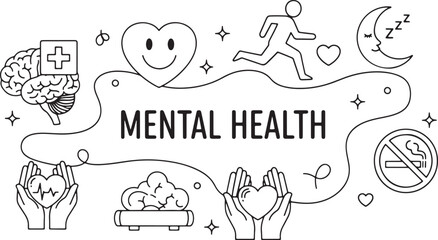 Line art concept illustrating key elements of positive mental health awareness including exercise sleep and brain care.