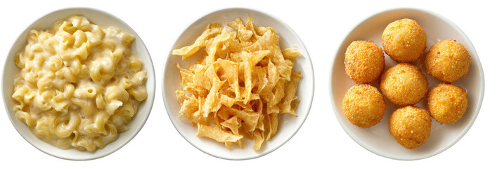 Macaroni pasta with cheese sauce and fried potato wedges with arancini balls on transparent background

