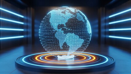 Futuristic digital globe on a neon lit platform with concentric circles, representing technology and innovation in a dark room with blue lights