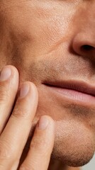 Man applying skincare product. Touching his face. Checking healthy skin texture and pores. Showing stubble. Facial grooming. Cosmetology. Cosmetology