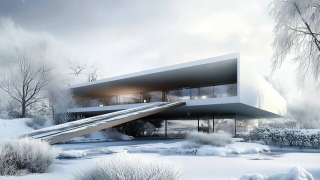 A modern architectural house in a snowy landscape, featuring large glass windows and a unique slanted roof, surrounded by frosty trees and a serene atmosphere