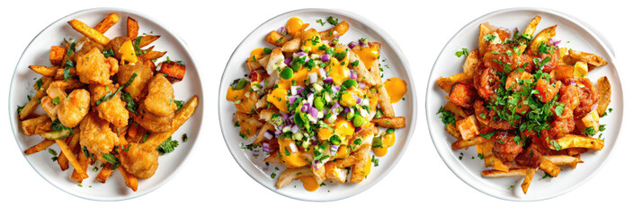 Fried chicken nuggets and french fries with cheese and gravy on transparent background

