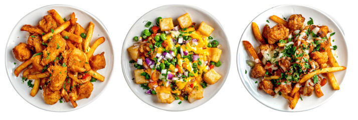 Fried chicken nuggets and french fries with cheese and gravy on transparent background

