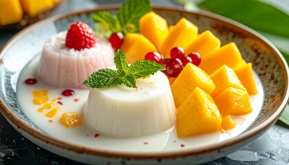 Delicious mango and coconut milk panna cotta dessert with fresh fruit and mint garnish served in a rustic bowl.