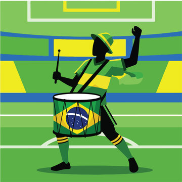 Supporter Playing a Bass Drum with Brazil Flag Design in Front of a Stylized Stadium Background for Soccer Atmosphere , Generative Ai