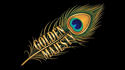 Obraz premium Luxurious golden peacock feather adorned with decorative text “Golden Majesty” on deep black background conveying elegant regal beauty, intricate detail, and refined