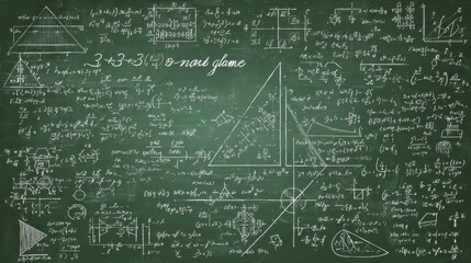 Green chalkboard filled with handwritten math and physics formulas, equations and geometric diagrams conveying advanced academic study, problem solving, research and learning