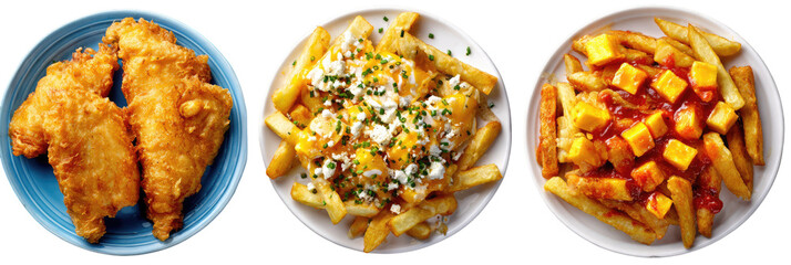 Fried chicken nuggets and french fries with cheese and gravy on transparent background

