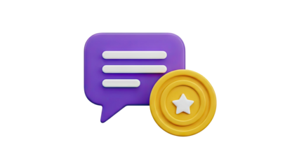 3D Speech bubble with reward coin icon on transparent background