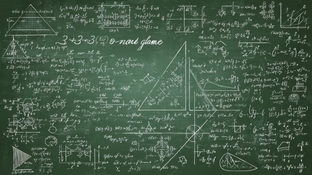 Green chalkboard filled with handwritten math and physics formulas, equations and geometric diagrams conveying advanced academic study, problem solving, research and learning - Powered by Adobe