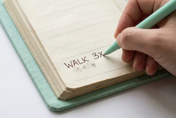 A hand holds a light blue pen while writing in a planner. The focus is on the words 'WALK 3X.' The planner has blank pages with lines