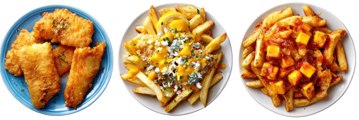 Fried chicken nuggets and french fries with cheese and gravy on transparent background

