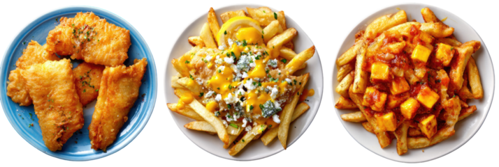 Fried chicken nuggets and french fries with cheese and gravy on transparent background


