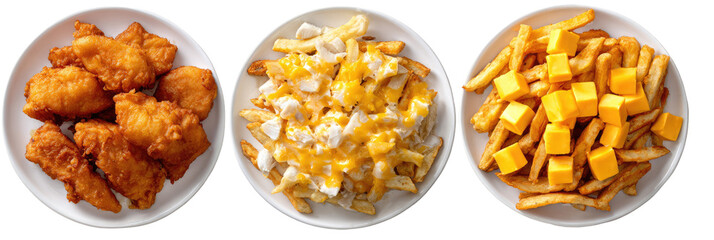Fried chicken nuggets and french fries with cheese and gravy on transparent background

