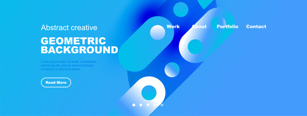 Bright blue website header. Geometric shapes, text, navigation elements present. Modern design, vibrant colors, clean layout.