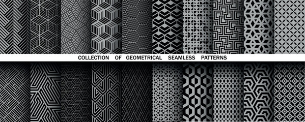 Geometric set of seamless black and gray patterns. Simple vector graphics