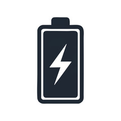 Obraz premium Dark gray battery icon with a white lightning bolt on a plain white background, simple graphic design.
