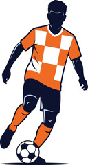 Obraz premium Stylized Illustration of a Dutch Soccer Player Dribbling the Ball on Blue Background , Generative Ai