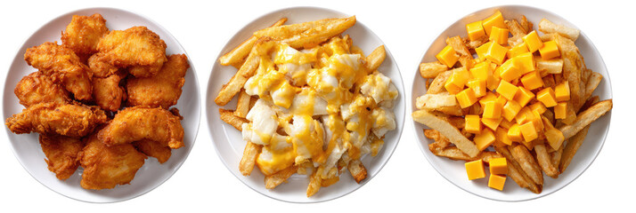 Fried chicken nuggets and french fries with cheese and gravy on transparent background


