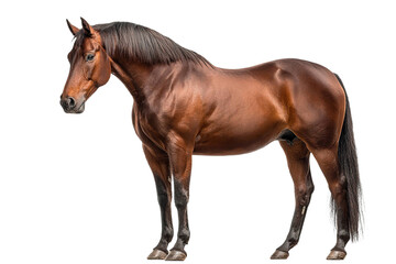 Obraz premium Full body brown horse standing sideways isolated on pure transparency background showing its shiny coat and muscular build with calm expression