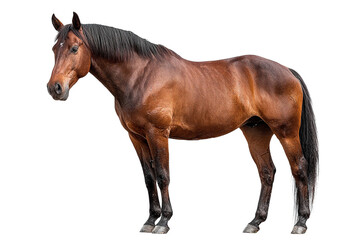 Naklejka premium Brown horse with black mane and tail stands in relaxed stance, showing muscular body and calm expression isolated on transparency background