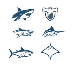 Marine animal silhouettes sharks tuna and stingray illustrations