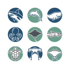Marine wildlife collection of icons in circular blue and green designs
