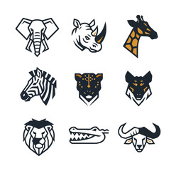 Wildlife animal head icons elephant rhino giraffe zebra leopard lion buffalo crocodile