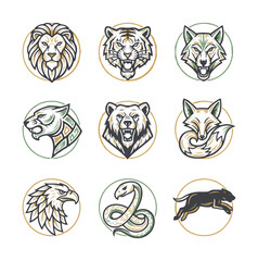 Wildlife animal head icons set vector graphics for design