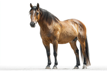 Obraz premium Brown horse standing still with full body visible isolated on white background showing its muscular build and long black mane and tail in natural light