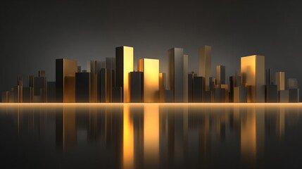 Metallic cityscape with golden and gray skyscrapers reflecting on dark, glossy surface