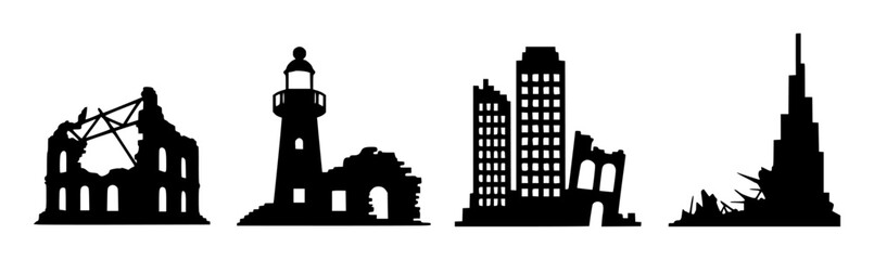 Fototapeta premium Black silhouettes of destroyed buildings and a lighthouse a white background destruction ruin