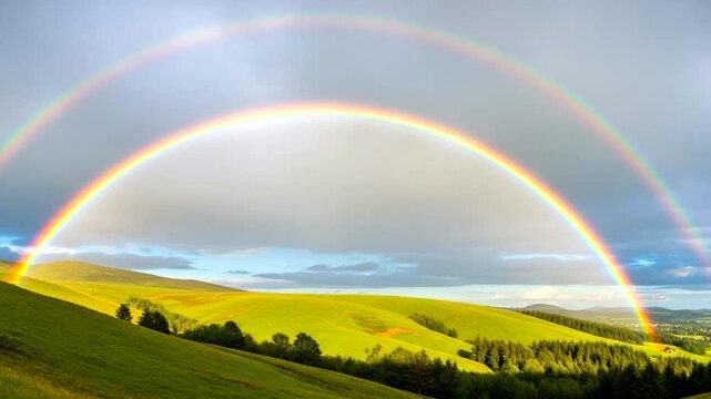 Double Rainbow Over Lush Green Hills at Dusk