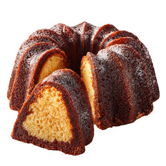 Whole Bundt cake with a slice isolated on transparent background