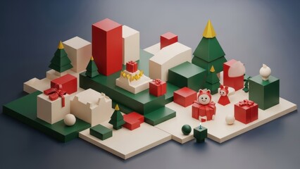 Fototapeta premium Colorful holiday village with gifts and trees