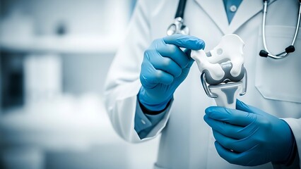 A doctor examines a prosthetic hip joint focusing on medical innovation