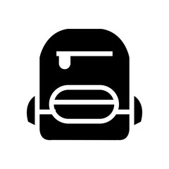 Black backpack silhouette icon isolated on white background. Minimal flat design representing school, travel, education, hiking, or student equipment.