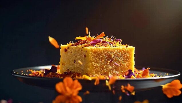 Delicious Golden Indian Sweet Dessert, Ghee Barfi with Colorful Marigold and Rose Petals Falling in Slow Motion, Festive Food Presentation, 4K