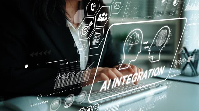 Business Professional Analyzing Data with AI Integration for Improved Performance and Future Growth Opportunities. Asymptotic smart data analytic.