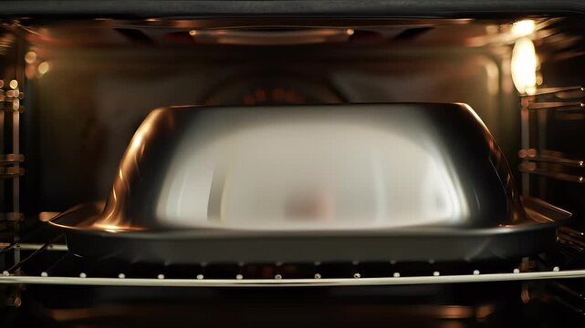A shiny metal roasting pan sits inside a modern, preheating oven, illuminated by warm internal light, ready for culinary preparation.