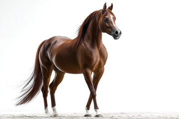 Obraz premium Elegant Arabian horse standing proudly with head slightly raised, showcasing shiny chestnut coat and flowing mane against clean white background, exuding grace and strength