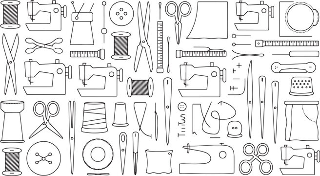 A collection of black and white line art sewing and tailoring icons needle thread