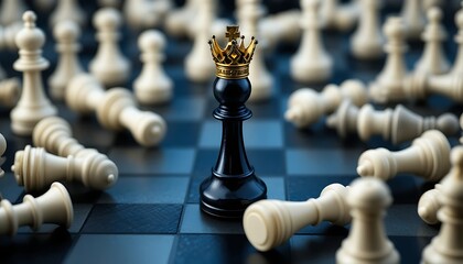 Strategic Business Leadership Concept with Black King Standing Victorious Among Fallen White Pieces on Chessboard. Success, Competition, and Winning Strategy in Corporate Management and Finance.