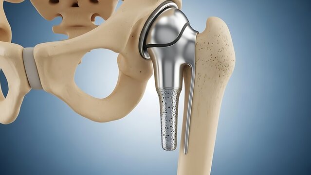 A detailed view of a hip replacement implant within the skeletal structure