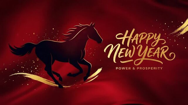 Happy New Year Red and Gold Horse with Power and Prosperity Message