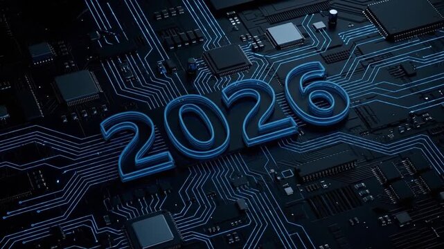 Futuristic 2026 Number on Glowing Blue Circuit Board