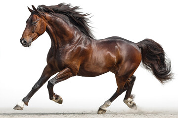Obraz premium Brown horse running fast with flowing mane and tail on white background, showing powerful muscles and energetic movement in dynamic pose