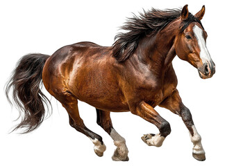 Obraz premium Brown horse running with flowing mane and tail, showing strength and energy in motion with white markings on legs and face